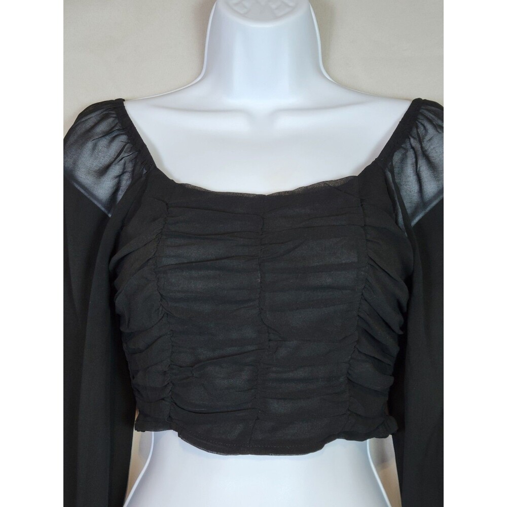 Altar'd State Black Chiffon Sheer Long Sleeve Ruched Crop Top XS Dark Romantic - Picture 2 of 11